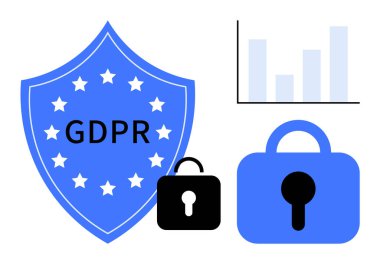 GDPR mesajı, kilitler ve basit bir çubuk grafiği olan mavi bir kalkan. Veri güvenliği, gizlilik politikası, bilgi koruma, uyum ve bilişim güvenliği için ideal. Basit temiz tasarım