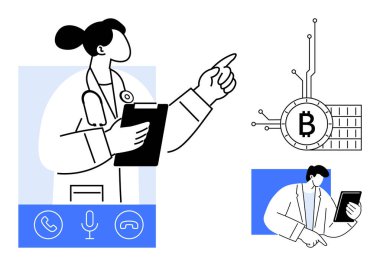 Elinde dosya olan bir doktor, bir adam tablet kullanırken sanal sağlık hizmeti danışmanlığı yapar. Teletıp, dijital sağlık, sağlık ve teknoloji entegrasyonu için ideal