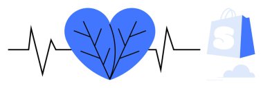Beyaz arka plandaki bir alışveriş çantasına bağlı açık mavi kalp, sağlık e-ticaret çevre kardiyolojisi ve refah modern düz stil gibi konular için idealdir.