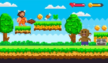 Caveman with club and hearts bar on the health UI. Enemy character, floating platforms, large trees on grassy terrain. Ideal for retro gaming, adventure games, pixel art, platformer levels, and game clipart