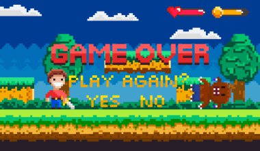 Game Over metni, karakteri, orman arkaplanı ve yeniden oynama ya da çıkma seçenekleri olan parlak piksel sanat tasarımı. Video oyunları, nostalji, piksel sanatı, retro tasarım ve oyun geliştirme temaları için ideal