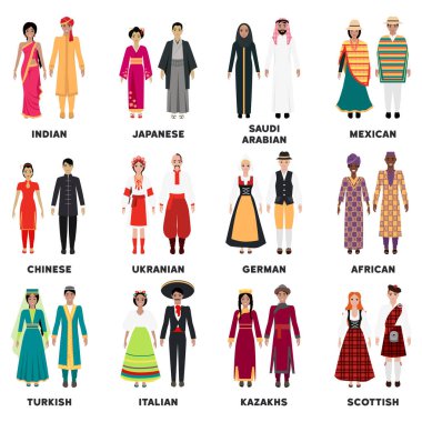 Geleneksel giyinmiş kadın ve erkekler çeşitli ülke ve kültürleri temsil ediyor. Kültürel çeşitlilik, dünya mirası, gelenek, küresel birlik, kapsama, kültürel temsil, çok kültürlülük.