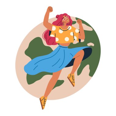 A woman is jumping joyfully with fists raised above an earth backdrop. She is wearing sunglasses, a polka dot top, and a blue skirt. Ideal for celebration, freedom, adventure, travel, empowerment clipart