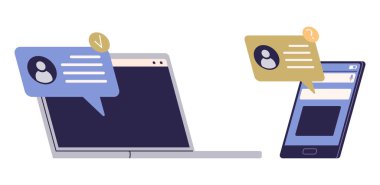 Laptop ve akıllı telefon ile iletişim uyarıları içeren sohbet mesajları. Mavi ve sarı konuşma baloncukları mesajları vurgular. Dijital iletişim, sosyal medya ve mesajlaşma uygulamaları için ideal