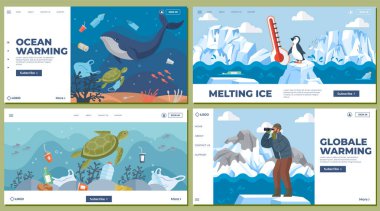 Dört renkli görüntü kirlilikten etkilenen okyanus canlılarını gösteriyor, eriyen buz, tehdit eden penguenler, çöplerin arasındaki deniz kaplumbağaları ve küresel ısınmayı izleyen bir adam. İklim değişikliği için ideal