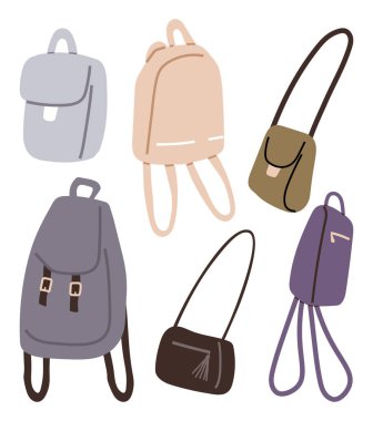 Sırt çantalarının ve omuz çantalarının değişik tasarımı, farklı kayış stilleri ve kapakları var. Zarif renk paleti minimalizmi vurgular. Moda blogcuları, e-ticaret, tasarım ilhamları için ideal