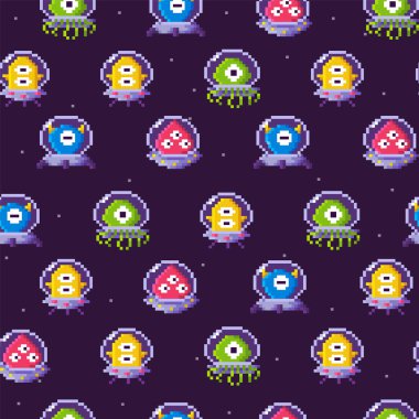 Colorful pixel art aliens in a seamless pattern against a dark background. Creatures in spacesuits and different colors. Ideal for sci-fi fans, video game design, kids decor, space themes, and clipart