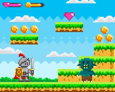 Knight facing a monster in a pixelated landscape with platforms, coins, and a heart icon. Ideal for video games, fantasies, adventures, digital art, retro aesthetics, and pixel art fans. Vibrant clipart