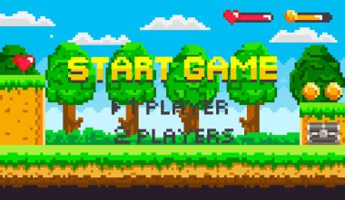 Bir ya da iki oyuncu için ağaçlar, sağlık çubukları ve oyun seçenekleri olan bir ormanda pikselli bir video oyunu seti başlat. Video oyunları, retro tasarım, oyun arayüzleri, piksel sanatı, kullanıcı için ideal