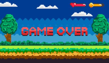 Oyun bitti metni kalın, piksel yazı tipiyle. Arka plan, pikseldeki ağaçlar, bulutlar ve manzara elementlerini içerir. En tepede kalp ve kılıç simgeleri var. Video oyunları, retro temaları ve oyun geliştirme için ideal