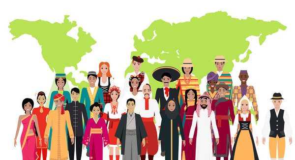 Group of people in traditional dress before a world map representing global cultural diversity. For cultural diversity, global unity, tradition, multiculturalism, cultural representation, world