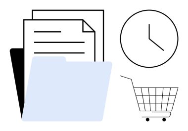 Basit bir tarz. Bir saat ve alışveriş arabasının yanındaki mavi klasörün içindeki belgeler. İş organizasyonu, zaman yönetimi, alışveriş, verimlilik ve ofis temaları için ideal