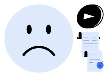 Kaşları çatık ve siyah gözlü, açık mavi renkli büyük üzgün bir yüz. Yakınlarda mavi işaretli bir belge ve siyah bir çalma düğmesi simgesi var. Duygusal ifade, belgeler, tamamlanma için ideal