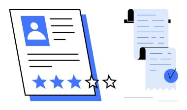 Profil fotoğrafı olan bir özgeçmiş ve altında bir işaret olan iki belgenin yanında üç yıldız. İş başvuruları için ideal olan belge doğrulama derecelendirme sistemi HR süreçlerine devam edin