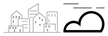 Üzerinde çizgiler olan biçimlendirilmiş bir bulutun yanında çeşitli geometrik binaları gösteren minimalist siyah ve beyaz bir tasarım. Kentsel gelişim için ideal, modern mimari, hava tahmini