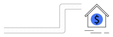 Dolar işareti olan bir eve giden yolun basit çizimi. Finansal planlama, yatırım stratejileri, mortgage tavsiyeleri, gayrimenkul geliştirme ve ekonomik büyüme konuları için ideal. Minimalist