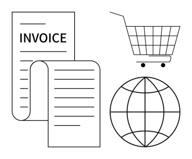 Bir fatura, bir alışveriş arabası ve siyah beyaz bir dünya çizgisi. E-ticaret, çevrimiçi alışveriş, ödeme işlemleri, uluslararası ticaret ve dijital işlemler için ideal. Basit satır sanatı tarzı