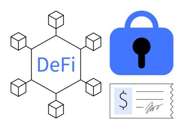 DeFi metni ile bağlantılı altı bloktan oluşan ağ. Mavi kilit güvenliği simgeliyor. Dolar işareti ve imzayla gösterilen mali belge. Fintech yenilik, engelleme zinciri, dijital güvenlik için ideal