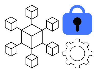 Blockchain 'i temsil eden bir geometrik küp ağı mavi bir asma kilit sembolü ve bir vites simgesi ile eşleştirilir. Teknoloji, güvenlik, kripto para birimi, yazılım geliştirme ve dijital dönüşüm için ideal
