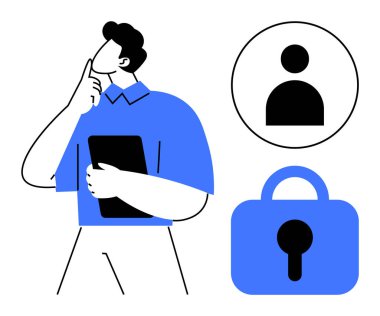 Bir tablet tutan bir adam, profil ikonu ve asma kilit sembolüyle birlikte düşünceli bir şekilde. Teknoloji güvenlik gizliliği kullanıcı kimliği ve dijital düşünce için ideal. Mavili minimalist vektör sanat biçimi