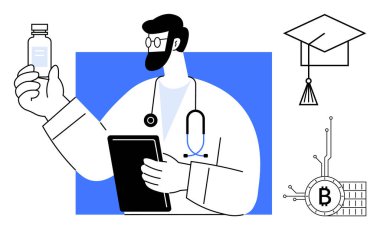 Doktor elinde bir tablet ve ilaç şişesi, boynunda steteskop tutuyor. Mavi arka plan. Mezuniyet şapkası ve Bitcoin sembolü. Sağlık, teknoloji, eğitim, kripto para birimi ve yenilik için ideal