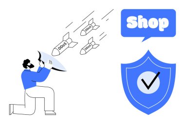 DDoS saldırılarını engelleyen kalkanı olan bir kişi bir dükkana yönelik füzelerle temsil ediliyor. Çevrimiçi güvenlik, DDoS savunması, e-ticaret koruması, siber güvenlik farkındalığı, dijital güvenlik için ideal