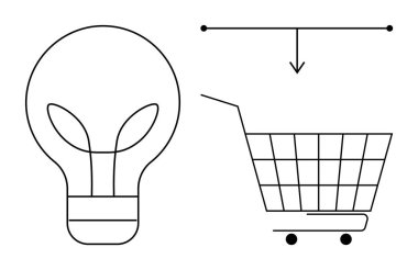 Alışveriş arabasının yanında aşağı bakan bir ok olan basit bir ampul. Çevrimiçi alışveriş, yenilik, e-ticaret, iş fikirleri ve girişimcilik için ideal. Taslak çizimi, minimalist stil