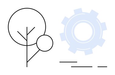 Simple line art featuring a tree and a gear, representing the harmony between nature and technology. Ideal for environmental science, engineering, sustainable development, technology, and innovation clipart