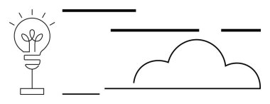 İçinde bitki, bulut ve yatay çizgiler olan bir ampul. Sürdürülebilirlik, yenilik, büyüme, çevre ve teknoloji temaları için idealdir. Minimalist tarzda. Siyah ve beyaz tasarım vurgular