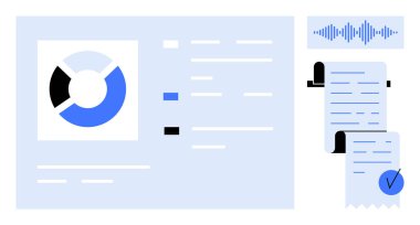 İş panelinde pasta grafiği, veri noktaları ve ses dalgası gösterilir. Kontrol işareti, kontrol listesi, rapor doğrulaması içeren makbuzlar içerir. Veri analizi, iş raporları, mali denetimler için ideal