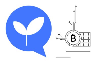 Devrelerdeki Bitcoin sembolünün yanında mavi bir konuşma balonunun içinde yaprak var. Kripto para birimi, sürdürülebilirlik, çevre dostu finans, engelleme teknolojisi, çevre yatırımları için idealdir. El çizimi.