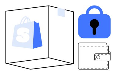 Bir alışveriş çantası, bir kilit sembolü ve bir cüzdan ikonu. Çevrimiçi alışveriş, güvenlik, e-ticaret, ödeme yöntemleri, mahremiyet için ideal. Modern vektör biçimi