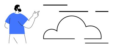 Kısa saçlı ve mavi gömlekli sakallı bir adam veri veya teknolojiyi temsil eden yatay çizgileri olan bir bulutu işaret ediyor. Teknoloji, bulut hesaplama, veri depolama, ağ ve bilişim için ideal