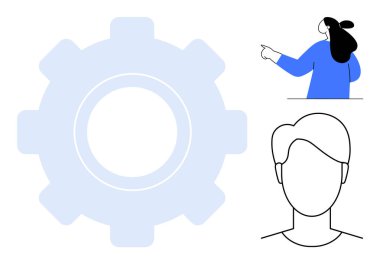 Teçhizatlı minimalist tasarım, işaret eden kişi ve siyah ve mavi renkli erkek profili. Teknoloji, takım yönetimi, iş süreçleri, iş akışı ve gelişim için ideal. Modern, basit stil