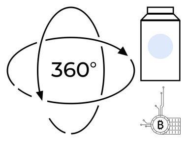 Dairesel ok sembolü, 360 derecelik dönüş, bir minimalist süt kutusu ve bir Bitcoin ikonu. Teknoloji, dijital dönüşüm, modern tasarım, finansal hizmetler, kullanıcı arayüzleri için ideal. Vektör