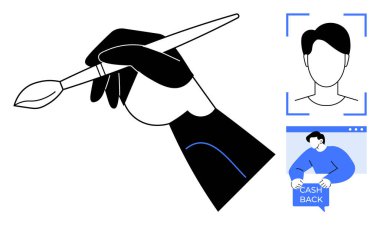 Siyah beyaz el fırça, dijital profil ikonu ve nakit geri ödeme sembolü tutuyor. Grafik tasarımı için ideal, dijital kimlik, çevrimiçi işlemler, finansal hizmetler, çağdaş sanat. Basitçe