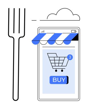 İçinde üç parça ve büyük bir satın alma düğmesi olan bir alışveriş arabası olan mobil ekran. Arka planda bir çatal ve bulut var. Çevrimiçi alışveriş, yemek teslimatı, e-ticaret, teknoloji için ideal.