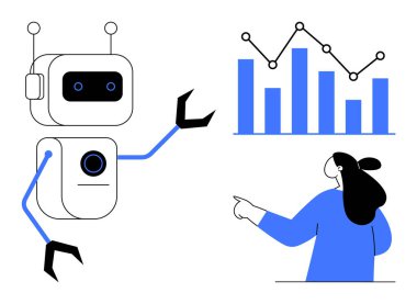 Robot and person analyzing a bar chart and line graph indicating data trends. Ideal for AI, technology, data analysis, teamwork, business growth, and innovation themes. Flat design style clipart