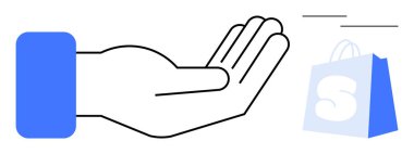 Mavi kollu bir el, üzerinde S harfi bulunan mavi bir alışveriş çantasına uzanıyor. İnternet alışverişi e-ticaret ödeme alışverişi için ideal tüketim perakendecisi. Minimalist çizgi sanatı