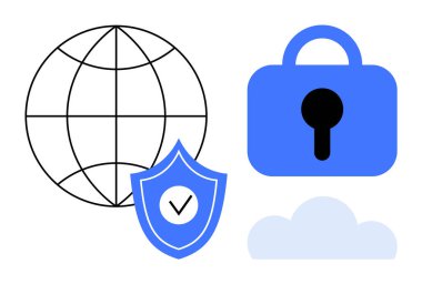 Şebeke çizgileri olan dünya, mavi asma kilit, işaretli kalkan ve bulut. İnternet güvenliği, veri koruması, küresel bağlantılar, bulut depolama ve güvenli ağlar için ideal. Basit temiz biçim