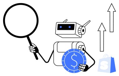 Bir robot, mali verileri analiz etmek için bir büyüteç kullanıyor ve elinde dolar işareti olan mavi bir sikke tutuyor. Arka plandaki yukarı oklar büyümeyi işaret ediyor. Finans, teknoloji ve piyasa analizi için ideal