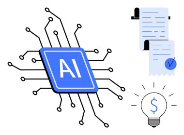 Bağlı devreleri olan mavi yapay zeka çipi işaretli bir belge ve dolar işareti olan bir ampul. Teknoloji, yapay zeka, finans, yenilik, belge yönetimi için ideal