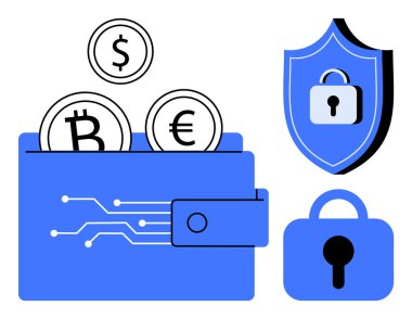 Güvenlik sembolleriyle çevrili Bitcoin Euro ve Dolar bozuklukları içeren mavi cüzdan. Modern teknolojinin finansmanı için ideal dijital para birimi güvenliği ve çevrimiçi işlemler. Basit vektör biçimi