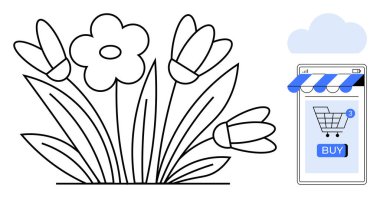 Çiçekler ve mağaza önü ve alışveriş arabası simgesine sahip mobil bir cihaz online çiçek alışverişini vurguluyor. E-ticaret, çiçek teslimatı, çevrimiçi pazar yerleri, bahçe bakkalları, dijital pazarlama için ideal