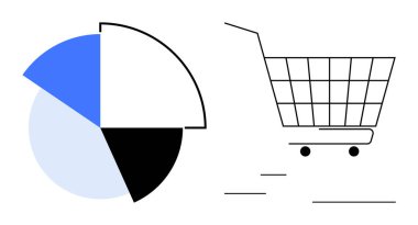 Alışveriş arabası ve turta grafiği mavi, siyah ve beyaz renklerde. İş analitiği, e-ticaret, satış takibi, finansal veri görselleştirme ve ekonomik istatistikler için idealdir. Modern tasarım biçimi