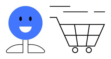 Hızla hareket eden bir alışveriş arabasının yanında gülümseyen mavi bir yüzün basitleştirilmiş görüntüsü. Çevrimiçi alışveriş, e-ticaret, müşteri memnuniyeti, perakende satış ve mutluluk gibi konular için ideal. Düz modern biçim