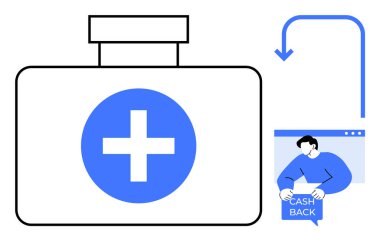 Çapraz sembollü ilk yardım çantasının yanında nakit para çeki alan biri var. Sağlık, finans, çevrimiçi işlemler, tıbbi tasarruflar ve promosyonlar için ideal. Mavi ile modern düz tasarım