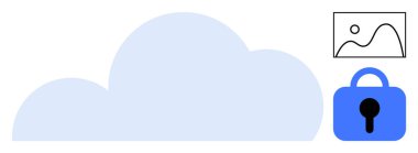 Sağ üst köşede küçük mavi bir kilit ve resim ikonu ile birlikte büyük bir açık mavi bulut güvenli bulut depolama ve görüntü yükleme özelliklerini gösterir. Dijital güvenlik ve bulut için ideal