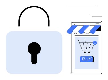 Alışveriş arabasının yanında cep telefonu gösteren büyük kilit sembolü ve çevrimiçi güvenlik, e-ticaret, mobil teknoloji, siber güvenlik ve dijital işlemler için ideal düğme satın alma düğmesi