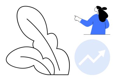 İşaret eden bir kadının basit tasarımı, geniş stilize yapraklar, ve yukarı doğru mavi bir daire üzerinde bir ok. Büyüme, gelişme, doğa, rehberlik, iş için ideal. Temiz minimalist stil